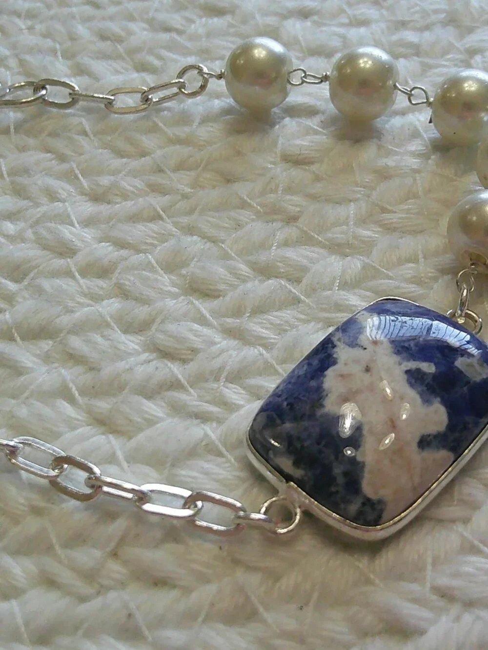 Feminine SODALITE and PEARL Handmade Sterling 925 Bracelet #108F